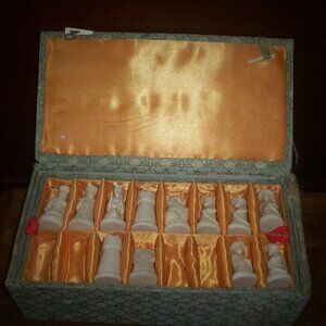 Vintage Boxed Chinese Carved Chess Set Fabric Lined 2 Tier Box w/ Matching Board